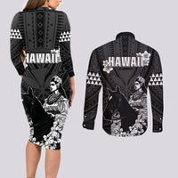 Hawaii King Kamehameha Day Parade Couples Matching Long Sleeve Bodycon Dress and Long Sleeve Button Shirt With Pa'u Riders Plumeria Kakau Tribal Pattern LT05 - Polynesian Pride