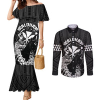 Hawaii King Kamehameha Day Parade Couples Matching Mermaid Dress and Long Sleeve Button Shirt With Pa'u Riders Plumeria Kakau Tribal Pattern LT05 Black - Polynesian Pride