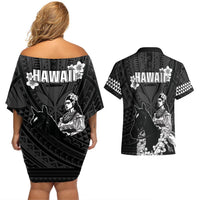Hawaii King Kamehameha Day Parade Couples Matching Off Shoulder Short Dress and Hawaiian Shirt With Pa'u Riders Plumeria Kakau Tribal Pattern LT05 - Polynesian Pride