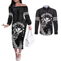 Hawaii King Kamehameha Day Parade Couples Matching Off The Shoulder Long Sleeve Dress and Long Sleeve Button Shirt With Pa'u Riders Plumeria Kakau Tribal Pattern LT05 Black - Polynesian Pride