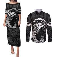 Hawaii King Kamehameha Day Parade Couples Matching Puletasi and Long Sleeve Button Shirt With Pa'u Riders Plumeria Kakau Tribal Pattern LT05 Black - Polynesian Pride