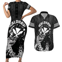 Hawaii King Kamehameha Day Parade Couples Matching Short Sleeve Bodycon Dress and Hawaiian Shirt With Pa'u Riders Plumeria Kakau Tribal Pattern LT05 Black - Polynesian Pride