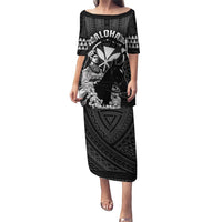 Hawaii King Kamehameha Day Parade Puletasi With Pa'u Riders Plumeria Kakau Tribal Pattern LT05 Long Dress Black - Polynesian Pride