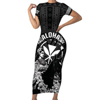 Hawaii King Kamehameha Day Parade Short Sleeve Bodycon Dress With Pa'u Riders Plumeria Kakau Tribal Pattern LT05 Long Dress Black - Polynesian Pride