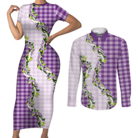 Violet Hawaii Palaka Couples Matching Short Sleeve Bodycon Dress and Long Sleeve Button Shirt Maile Pikake Honohono Orchid Lei LT05 Violet - Polynesian Pride