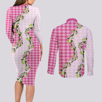 Pink Hawaii Palaka Couples Matching Long Sleeve Bodycon Dress and Long Sleeve Button Shirt Maile Pikake Honohono Orchid Lei LT05 - Polynesian Pride