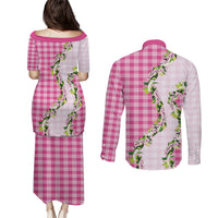 Pink Hawaii Palaka Couples Matching Puletasi and Long Sleeve Button Shirt Maile Pikake Honohono Orchid Lei LT05 - Polynesian Pride