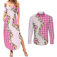 Pink Hawaii Palaka Couples Matching Summer Maxi Dress and Long Sleeve Button Shirt Maile Pikake Honohono Orchid Lei LT05 Pink - Polynesian Pride