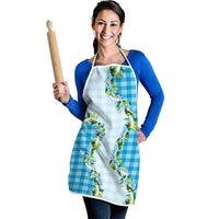 Blue Hawaii Palaka Apron Maile Pikake Honohono Orchid Lei