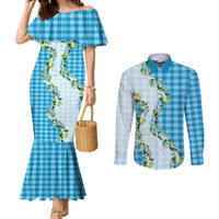 Blue Hawaii Palaka Couples Matching Mermaid Dress and Long Sleeve Button Shirt Maile Pikake Honohono Orchid Lei LT05 Blue - Polynesian Pride