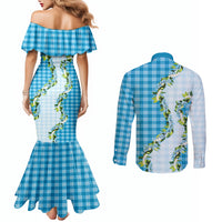 Blue Hawaii Palaka Couples Matching Mermaid Dress and Long Sleeve Button Shirt Maile Pikake Honohono Orchid Lei LT05 - Polynesian Pride