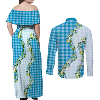 Blue Hawaii Palaka Couples Matching Off Shoulder Maxi Dress and Long Sleeve Button Shirt Maile Pikake Honohono Orchid Lei LT05 - Polynesian Pride