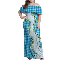 Blue Hawaii Palaka Family Matching Off Shoulder Maxi Dress and Hawaiian Shirt Maile Pikake Honohono Orchid Lei LT05 Mom's Dress Blue - Polynesian Pride