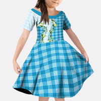 Blue Hawaii Palaka Family Matching Off Shoulder Short Dress and Hawaiian Shirt Maile Pikake Honohono Orchid Lei LT05 Daughter's Dress Blue - Polynesian Pride