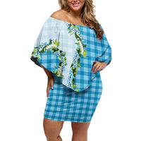 Blue Hawaii Palaka Family Matching Off Shoulder Short Dress and Hawaiian Shirt Maile Pikake Honohono Orchid Lei LT05 Mom's Dress Blue - Polynesian Pride