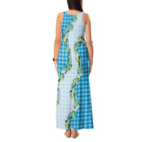 Blue Hawaii Palaka Tank Maxi Dress Maile Pikake Honohono Orchid Lei