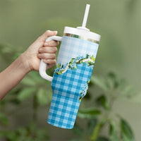 Blue Hawaii Palaka Tumbler With Handle Maile Pikake Honohono Orchid Lei