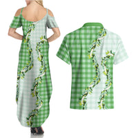 Green Hawaii Palaka Couples Matching Summer Maxi Dress and Hawaiian Shirt Maile Pikake Honohono Orchid Lei LT05 - Polynesian Pride