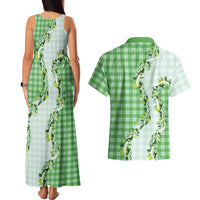 Green Hawaii Palaka Couples Matching Tank Maxi Dress and Hawaiian Shirt Maile Pikake Honohono Orchid Lei LT05 - Polynesian Pride