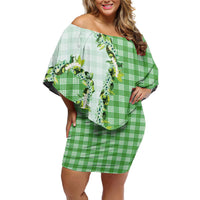 Green Hawaii Palaka Family Matching Off Shoulder Short Dress and Hawaiian Shirt Maile Pikake Honohono Orchid Lei LT05 Mom's Dress Green - Polynesian Pride