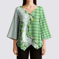 Green Hawaii Palaka Kimono Sleeve Blouse Maile Pikake Honohono Orchid Lei