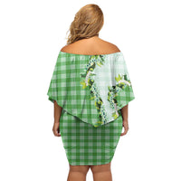 Green Hawaii Palaka Off Shoulder Short Dress Maile Pikake Honohono Orchid Lei LT05 - Polynesian Pride