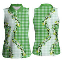 Green Hawaii Palaka Women Sleeveless Polo Shirt Maile Pikake Honohono Orchid Lei LT05 - Polynesian Pride