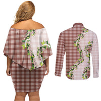 Mocha Hawaii Palaka Couples Matching Off Shoulder Short Dress and Long Sleeve Button Shirt Maile Pikake Honohono Orchid Lei LT05 - Polynesian Pride