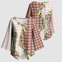 Mocha Hawaii Palaka Kimono Sleeve Blouse Maile Pikake Honohono Orchid Lei