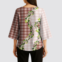 Mocha Hawaii Palaka Kimono Sleeve Blouse Maile Pikake Honohono Orchid Lei