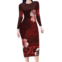 Hawaii Hibiscus With Oxblood Polynesian Pattern Family Matching Long Sleeve Bodycon Dress and Hawaiian Shirt LT05 Mom's Dress Red - Polynesian Pride