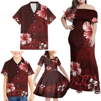 Hawaii Hibiscus With Oxblood Polynesian Pattern Family Matching Off Shoulder Maxi Dress and Hawaiian Shirt LT05 - Polynesian Pride