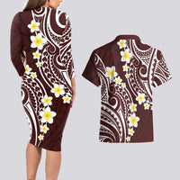 Plumeria With Oxblood Polynesian Tattoo Pattern Couples Matching Long Sleeve Bodycon Dress and Hawaiian Shirt LT05 - Polynesian Pride