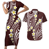 Plumeria With Oxblood Polynesian Tattoo Pattern Couples Matching Short Sleeve Bodycon Dress and Hawaiian Shirt LT05 Red - Polynesian Pride
