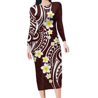Plumeria With Oxblood Polynesian Tattoo Pattern Family Matching Long Sleeve Bodycon Dress and Hawaiian Shirt LT05 Mom's Dress Red - Polynesian Pride
