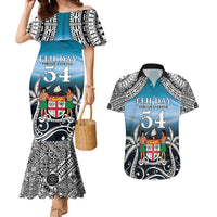 Personalised Happy 54th Fiji Day Couples Matching Mermaid Dress and Hawaiian Shirt Forever Fiji With Tapa Tribal Pattern LT05 Blue - Polynesian Pride