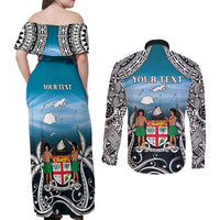 Personalised Happy 54th Fiji Day Couples Matching Off Shoulder Maxi Dress and Long Sleeve Button Shirt Forever Fiji With Tapa Tribal Pattern LT05 - Polynesian Pride