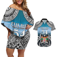 Personalised Happy 54th Fiji Day Couples Matching Off Shoulder Short Dress and Hawaiian Shirt Forever Fiji With Tapa Tribal Pattern LT05 Blue - Polynesian Pride