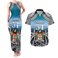 Personalised Happy 54th Fiji Day Couples Matching Tank Maxi Dress and Hawaiian Shirt Forever Fiji With Tapa Tribal Pattern LT05 Blue - Polynesian Pride