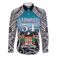 Personalised Happy 54th Fiji Day Family Matching Off The Shoulder Long Sleeve Dress and Hawaiian Shirt Forever Fiji With Tapa Tribal Pattern LT05 Dad's Shirt - Long Sleeve Blue - Polynesian Pride