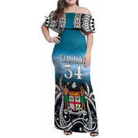Personalised Happy 54th Fiji Day Family Matching Off Shoulder Maxi Dress and Hawaiian Shirt Forever Fiji With Tapa Tribal Pattern LT05 Mom's Dress Blue - Polynesian Pride