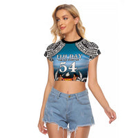 Personalised Happy 54th Fiji Day Raglan Cropped T Shirt Forever Fiji With Tapa Tribal Pattern LT05 Female Blue - Polynesian Pride