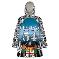 Personalised Happy 54th Fiji Day Wearable Blanket Hoodie Forever Fiji With Tapa Tribal Pattern LT05 One Size Blue - Polynesian Pride