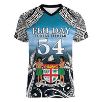Personalised Happy 54th Fiji Day Women V-Neck T-Shirt Forever Fiji With Tapa Tribal Pattern LT05 Female Blue - Polynesian Pride