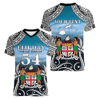 Personalised Happy 54th Fiji Day Women V-Neck T-Shirt Forever Fiji With Tapa Tribal Pattern LT05 - Polynesian Pride