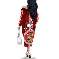 Custom Tonga Rugby Off The Shoulder Long Sleeve Dress World Cup 2023 Coat Of Arms Ngatu Pattern LT05 - Polynesian Pride