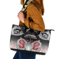 New Zealand Waitangi Day Leather Tote Bag Aotearoa Te Ra O Waitangi Manaia Maori Pattern LT05 Black - Polynesian Pride