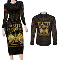Haiti 1804 Couples Matching Long Sleeve Bodycon Dress and Long Sleeve Button Shirt Polynesian Gold Neg Maron LT05 Gold - Polynesian Pride