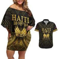 Haiti 1804 Couples Matching Off Shoulder Short Dress and Hawaiian Shirt Polynesian Gold Neg Maron LT05 Gold - Polynesian Pride