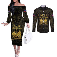 Haiti 1804 Couples Matching Off The Shoulder Long Sleeve Dress and Long Sleeve Button Shirt Polynesian Gold Neg Maron LT05 Gold - Polynesian Pride